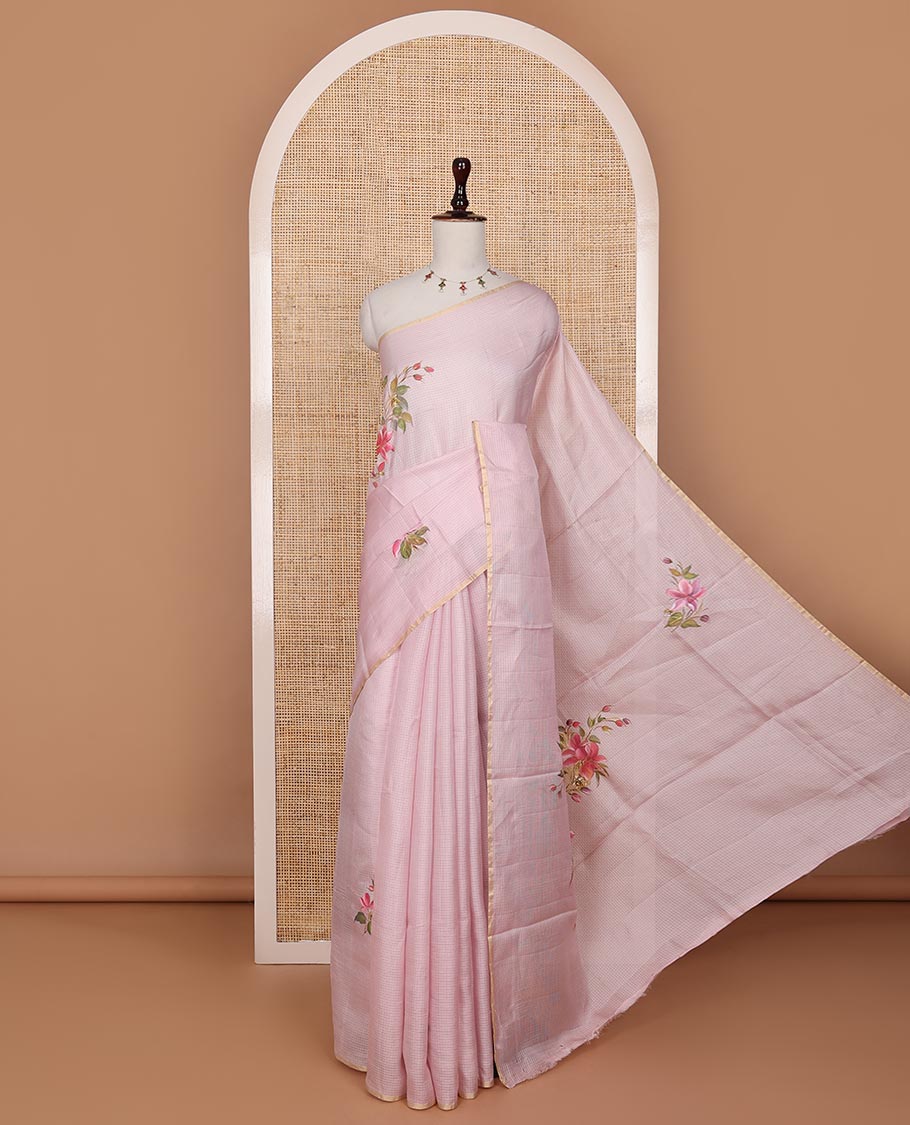 Pastel pink floral motifs hand-painted pure-kota silk saree, piping border, floral hand-painted pallu & plain matching blouse