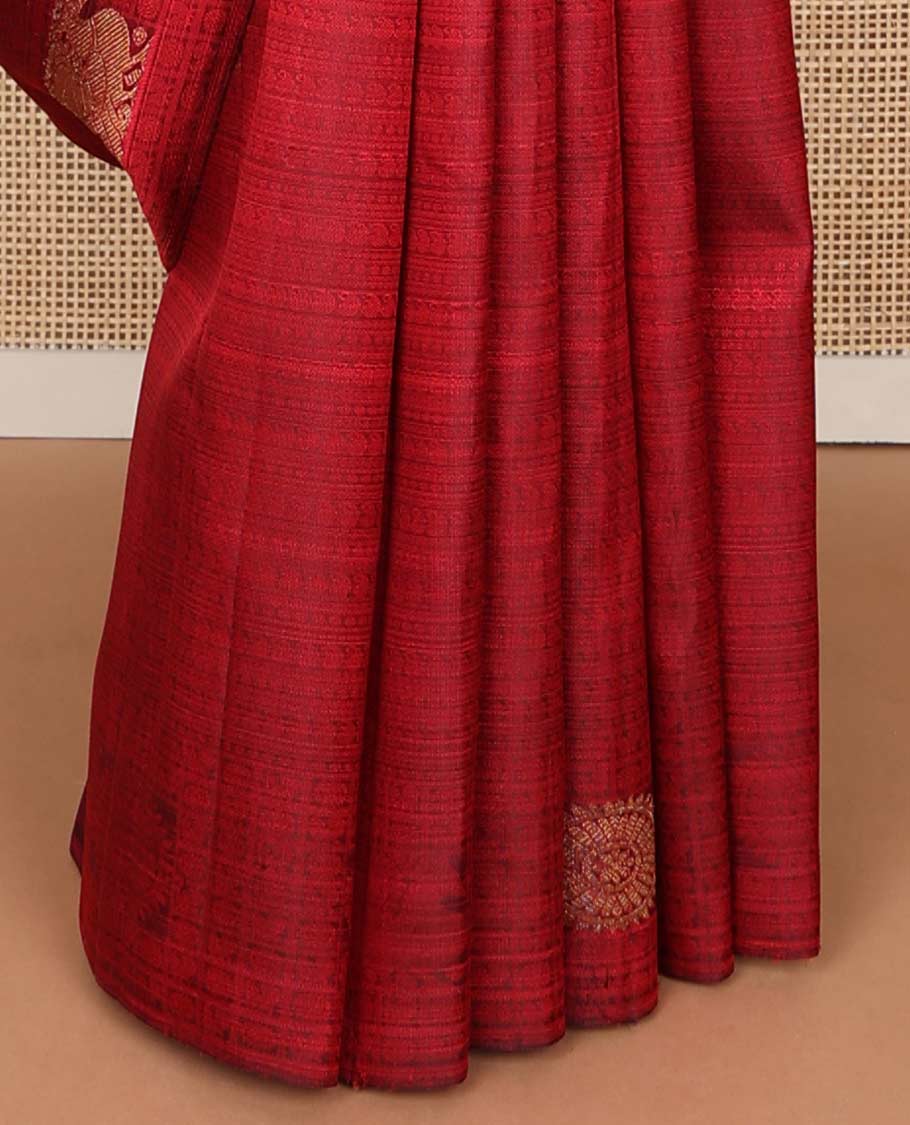 Red intricate embossed design silk saree with self border of poo chkaram, mayil design & checked floral design pallu