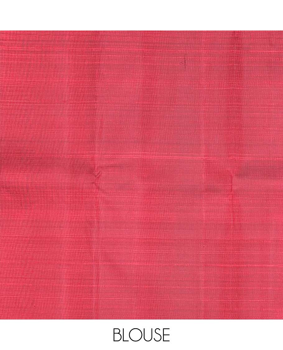 Red intricate embossed design silk saree with self border of poo chkaram, mayil design & checked floral design pallu