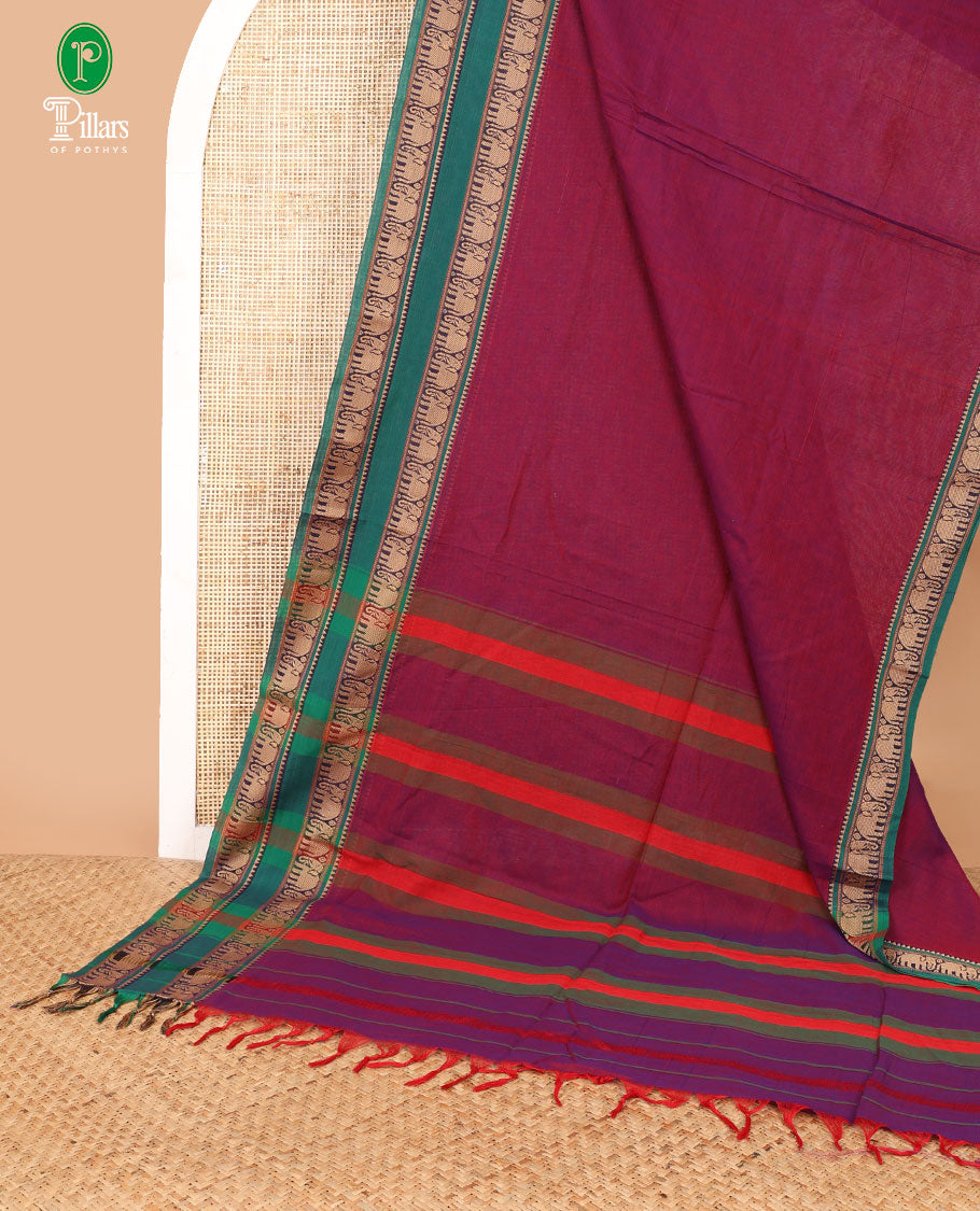 Purple mercerised cotton saree with elephant thread weaving border & seer pallu along with running blouse