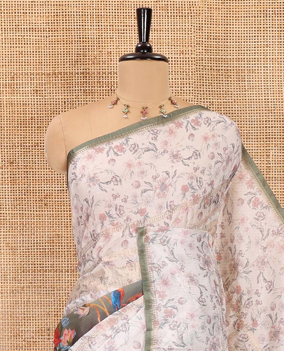 Green floral and bird motifs printed Moss crush saree, piping border, floral and bird motifs printed pallu, and contrast printed blouse