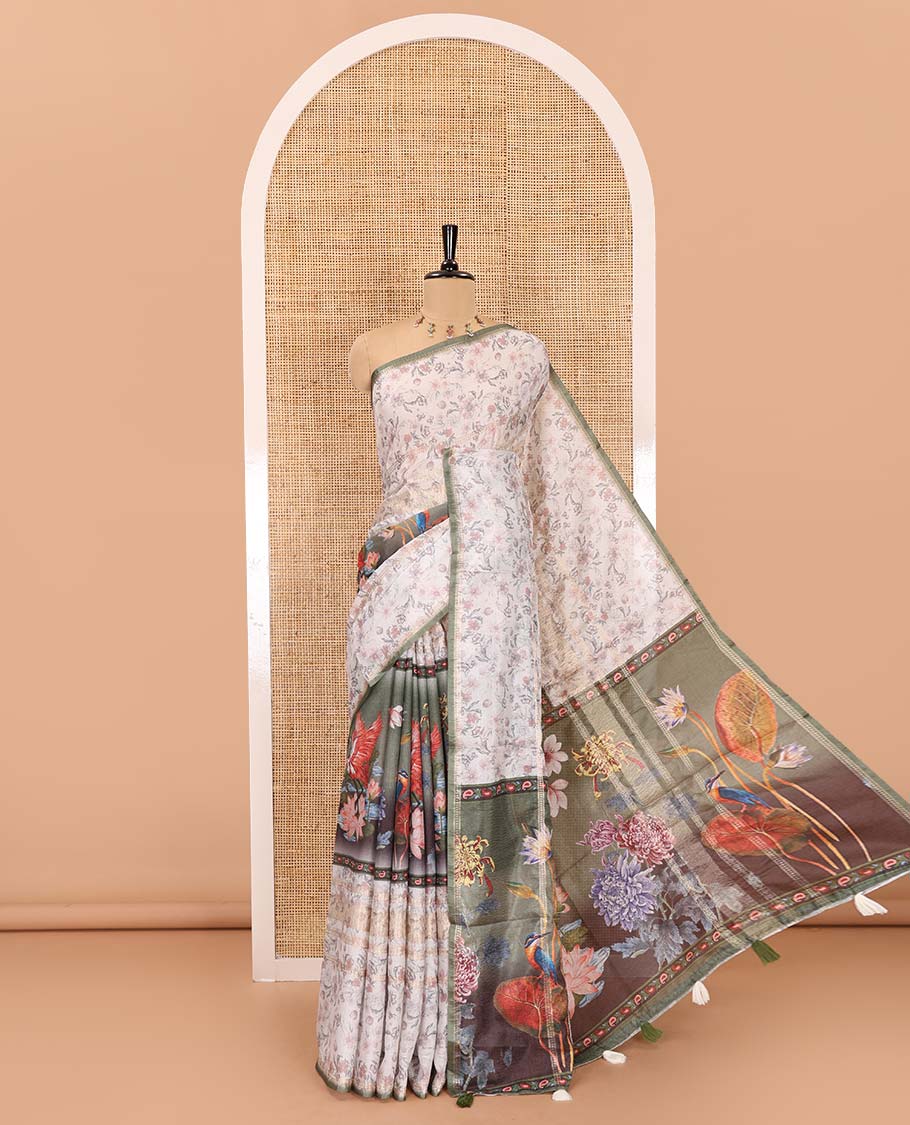 Green floral and bird motifs printed Moss crush saree, piping border, floral and bird motifs printed pallu, and contrast printed blouse