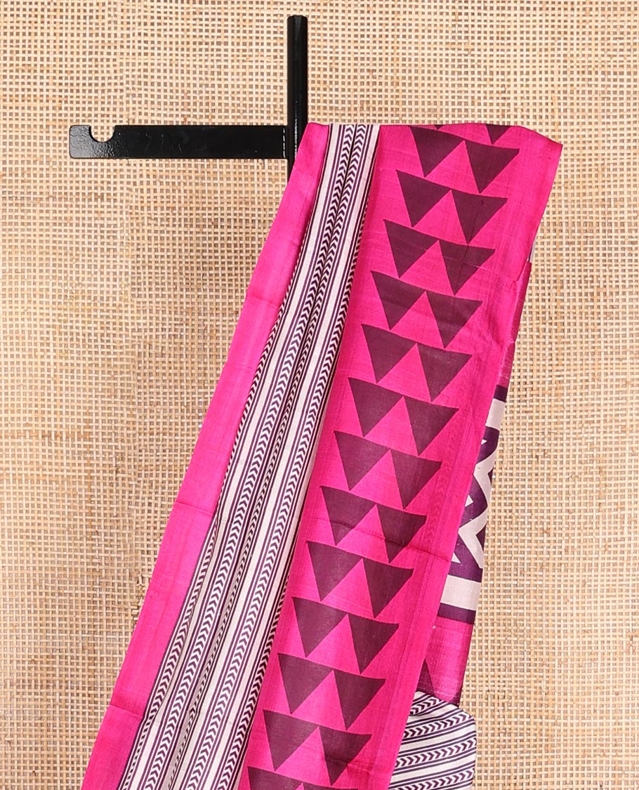 Off-white chevron & stripes printed silk saree, contrast triangle motifs printed pink border & pallu of chevron & triangle motifs print