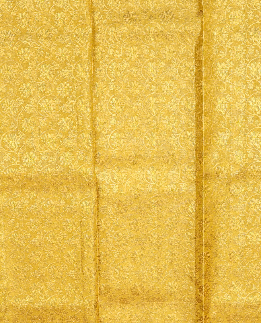 Yellow pure silk half-saree, floral jacquard design skirt, contrast traditional zari border & zari design dhavani