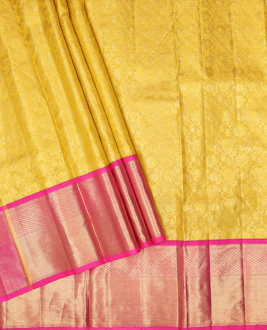 Yellow pure silk half-saree, floral jacquard design skirt, contrast traditional zari border & zari design dhavani
