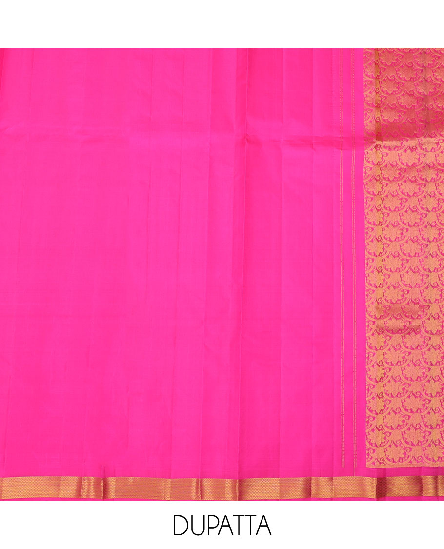 Yellow pure silk half-saree, floral jacquard design skirt, contrast traditional zari border & zari design dhavani