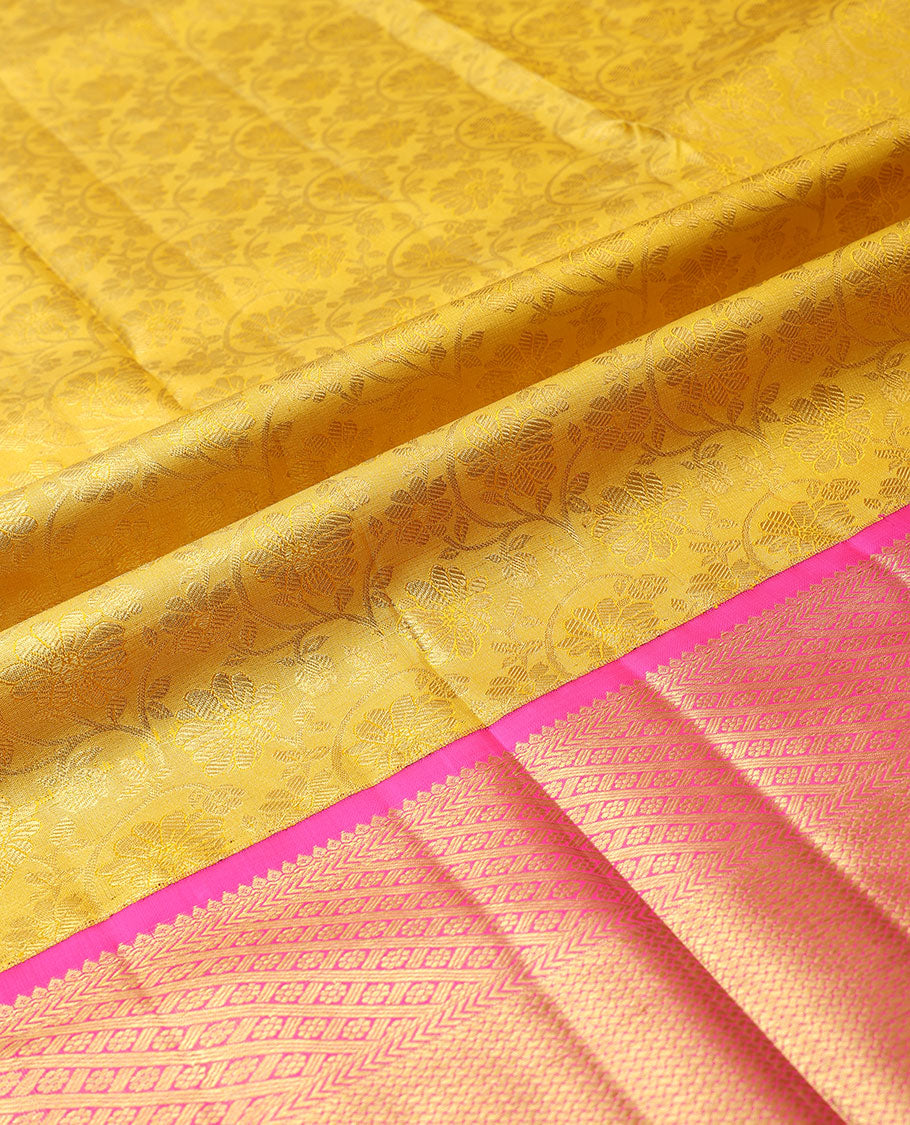 Yellow pure silk half-saree, floral jacquard design skirt, contrast traditional zari border & zari design dhavani