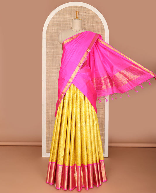 Yellow pure silk half-saree, floral jacquard design skirt, contrast traditional zari border & zari design dhavani