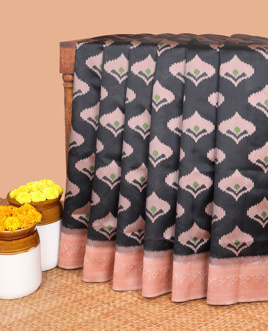 Black patola design mulberry silk saree with zari border & self embosed blouse