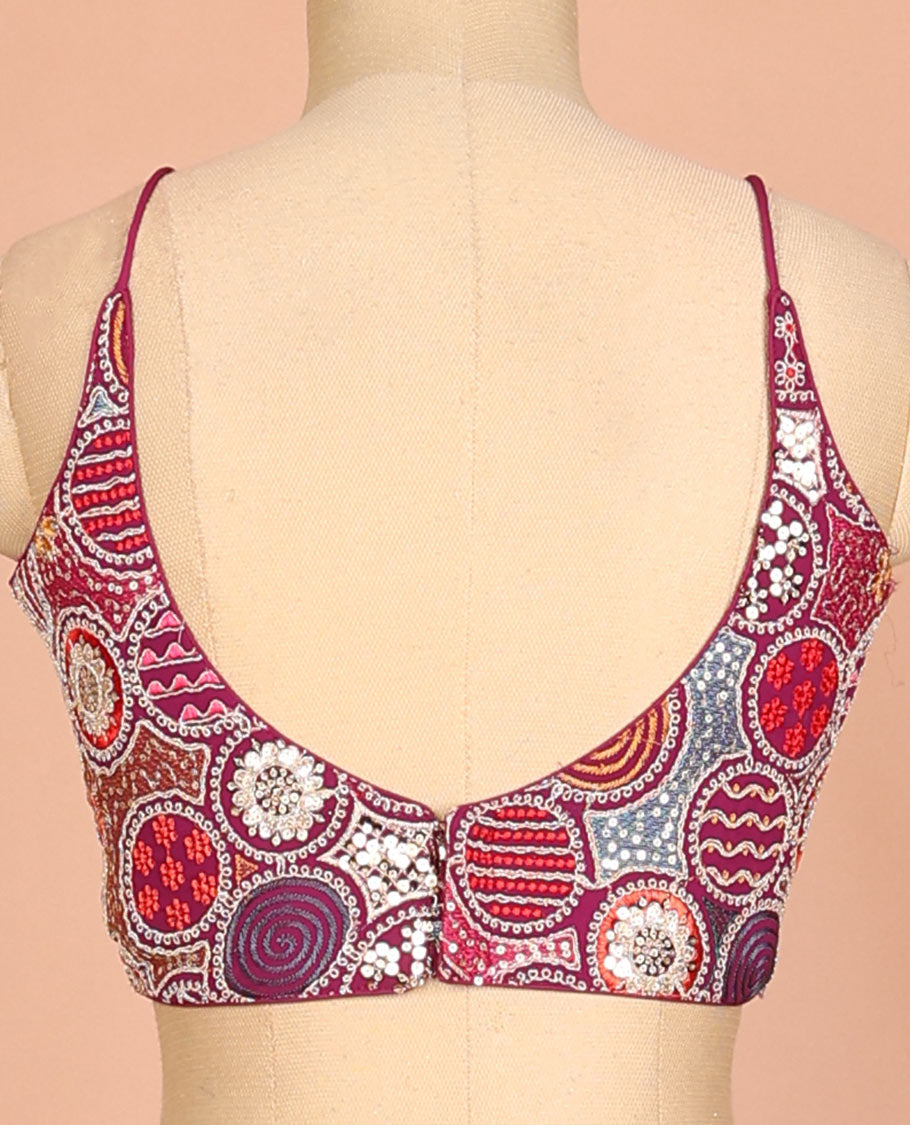 Purple intricate thread & sequins embroidered readymade georgette blouse with spaghetti sleeves & deep leaf neck
