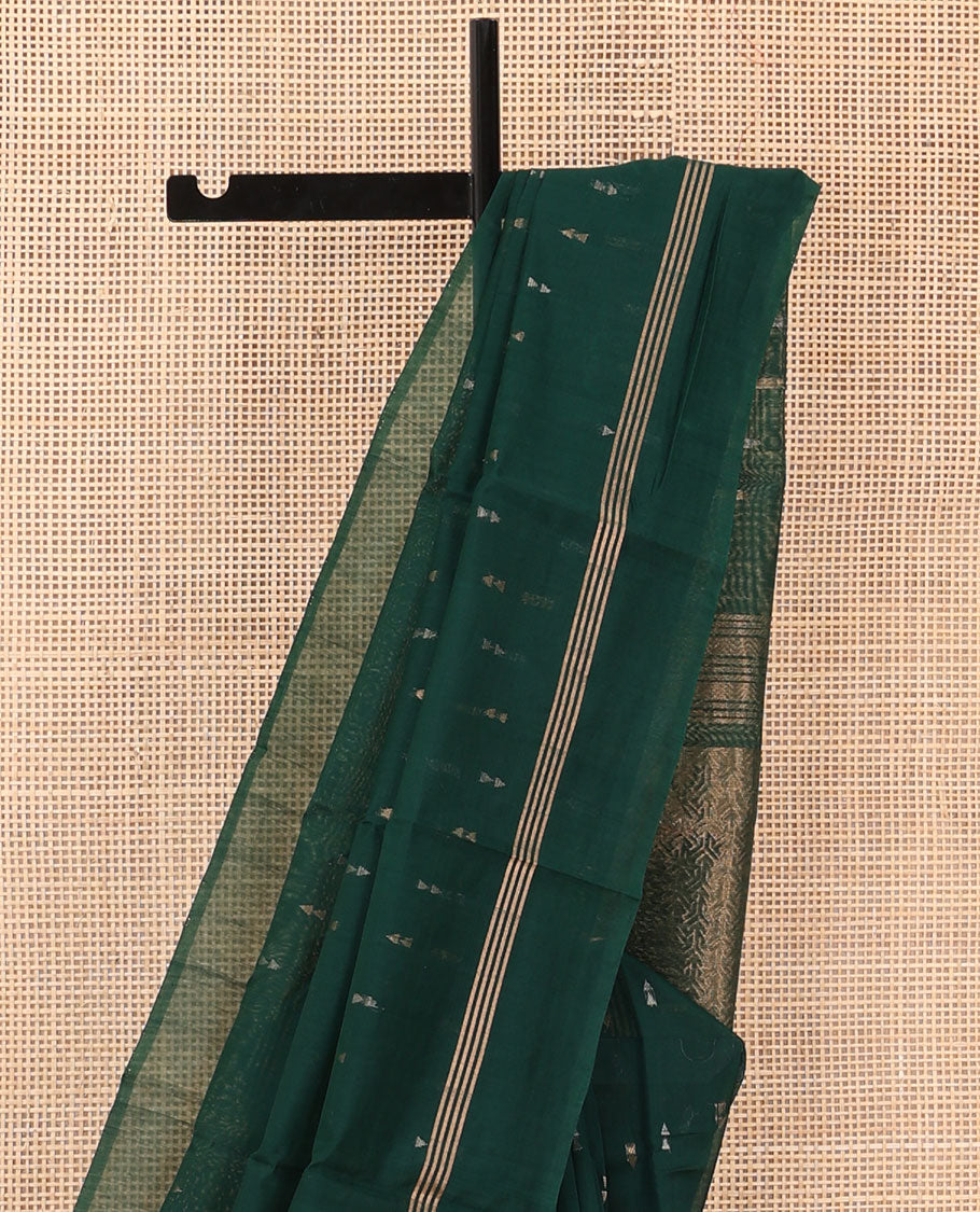 Green zari buttas silk cotton saree, zari striped border, and pallu of zari-rich geometric patterns