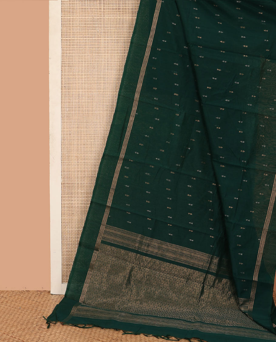 Green zari buttas silk cotton saree, zari striped border, and pallu of zari-rich geometric patterns