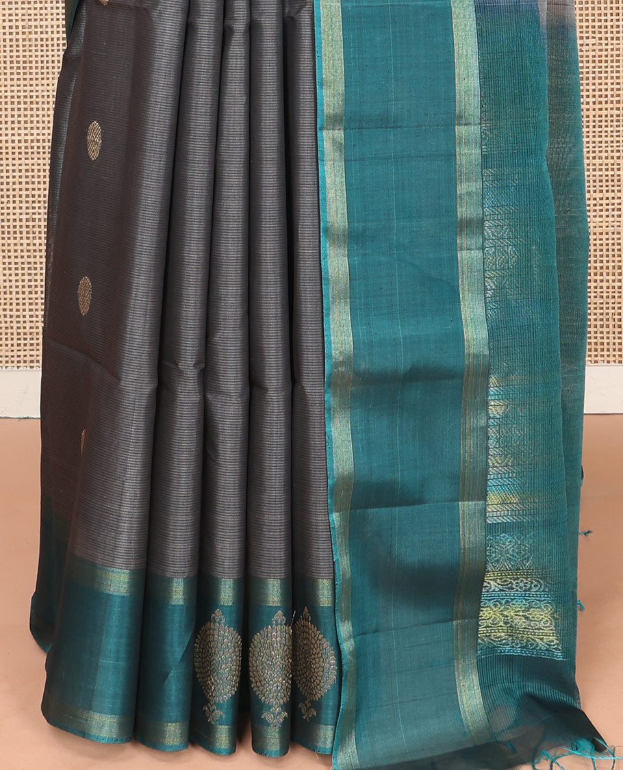 Grey Silk Cotton Saree, Adorned with Peacock and Rudraksha Buttas, Complemented by a Contrast Zari Buttas Border, Geometric Patterned Pallu, and a Contrast Blouse