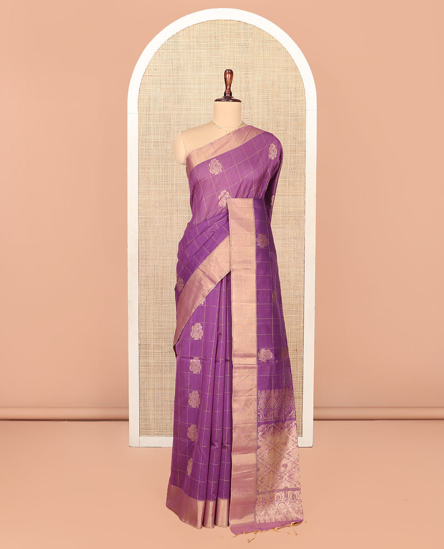Purple Silk Cotton Saree, Subtly Sparkled With Butta Enclosed Checks On Its Body, Subtle Zari Border, Jaal Pallu and Paired with a Matching Blouse