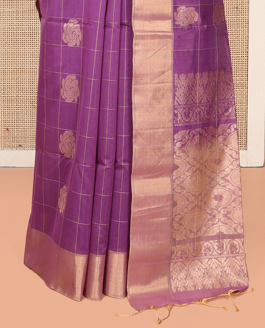 Purple Silk Cotton Saree, Subtly Sparkled With Butta Enclosed Checks On Its Body, Subtle Zari Border, Jaal Pallu and Paired with a Matching Blouse