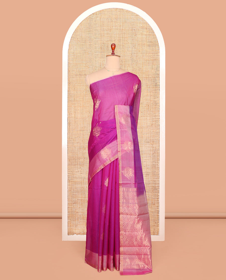 Pink Silk Cotton Saree, Adorned with Zari Buttas, One-Sided Contrast Border, Geometric Pallu, and a Contrast Blouse