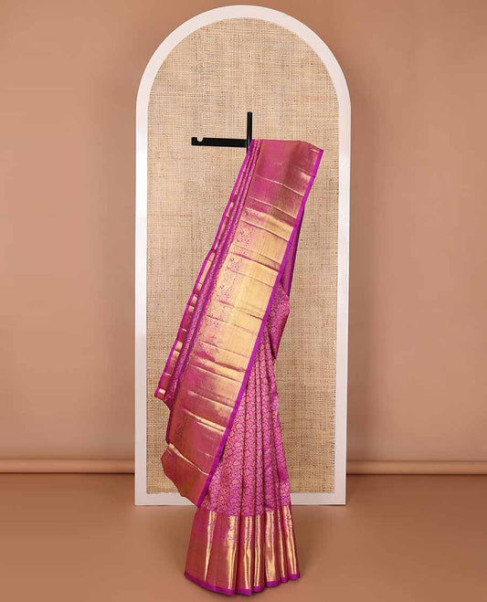Pink floral jacquard silk saree with self border of kathir, banaras, mayil design & floral design pallu