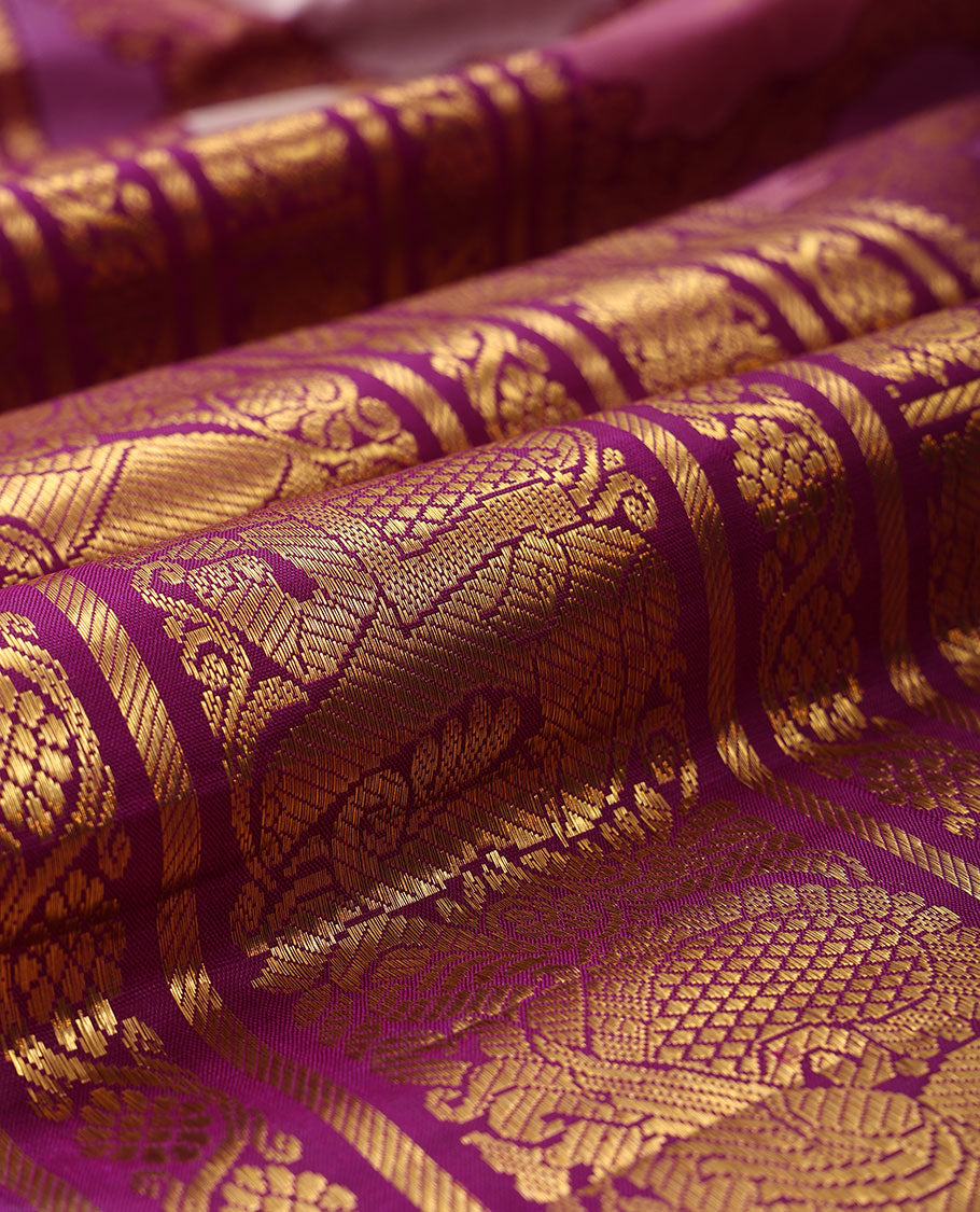 Pink jaal jacquard silk saree, contrast border of thilakam mokku,kodi visiry,banaras,mayil & yaanai & jaal pallu