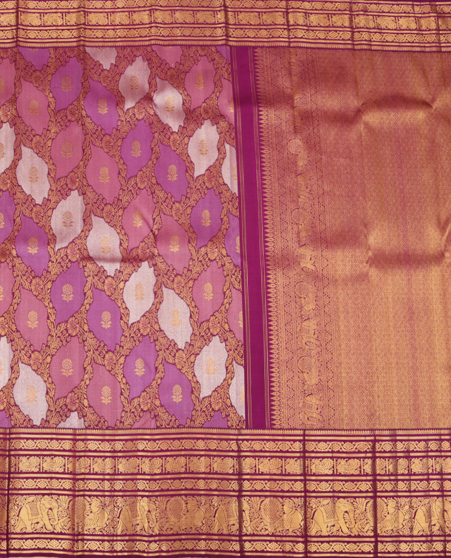 Pink jaal jacquard silk saree, contrast border of thilakam mokku,kodi visiry,banaras,mayil & yaanai & jaal pallu