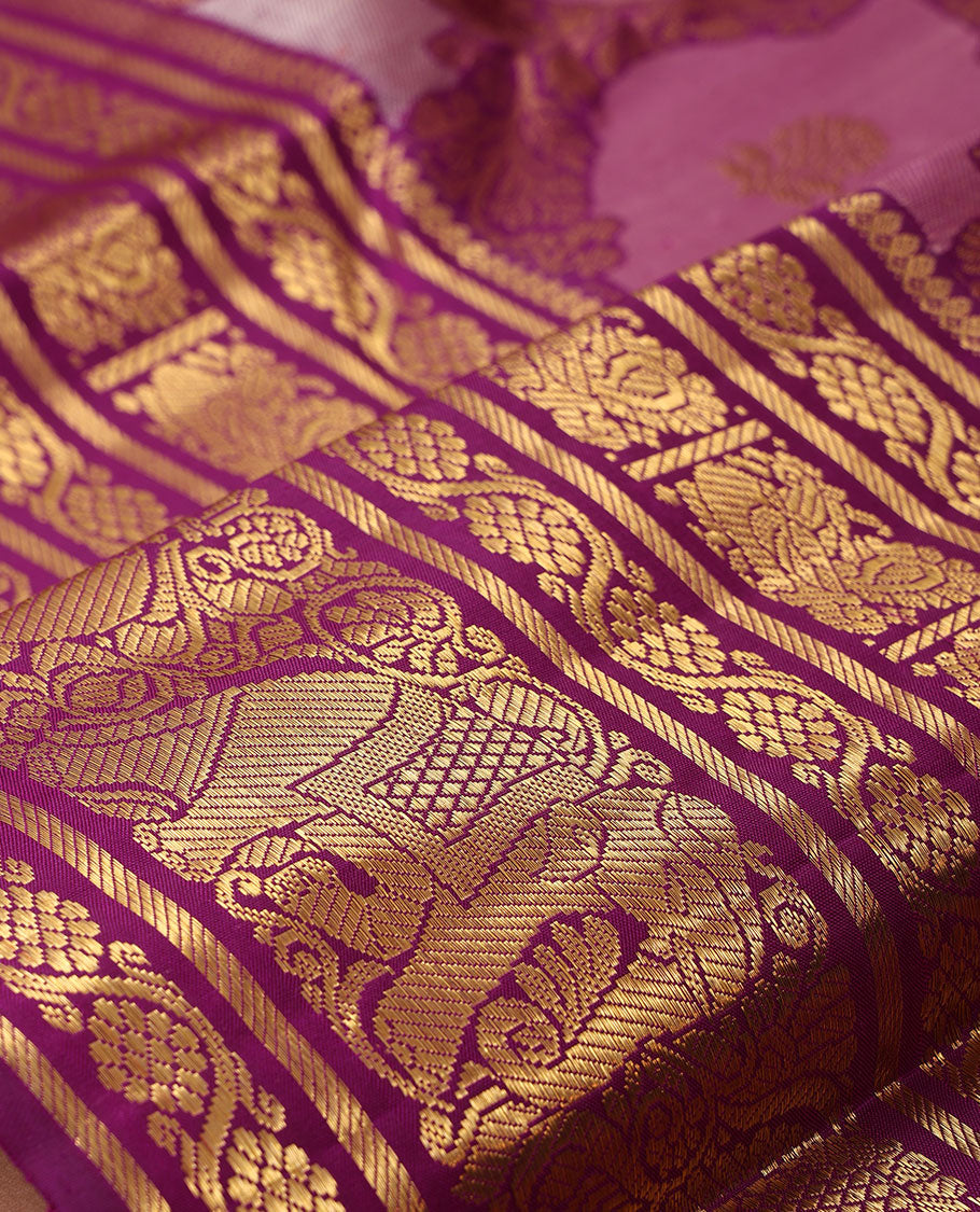 Pink jaal jacquard silk saree, contrast border of thilakam mokku,kodi visiry,banaras,mayil & yaanai & jaal pallu