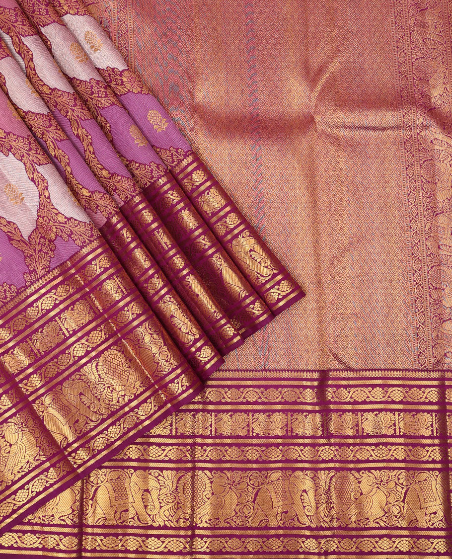 Pink jaal jacquard silk saree, contrast border of thilakam mokku,kodi visiry,banaras,mayil & yaanai & jaal pallu