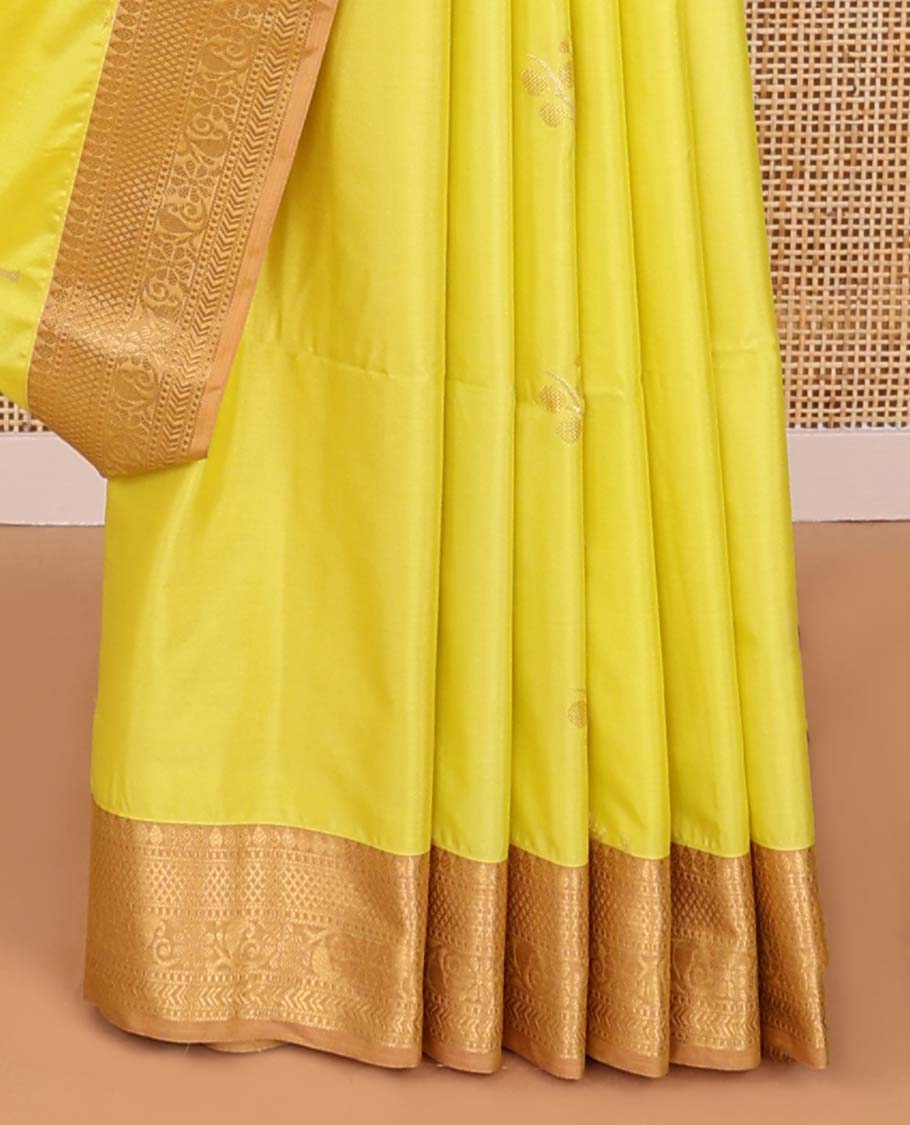 Light green floral motifs semi soft silk saree with contrast intricate zari design border & ogee design pallu
