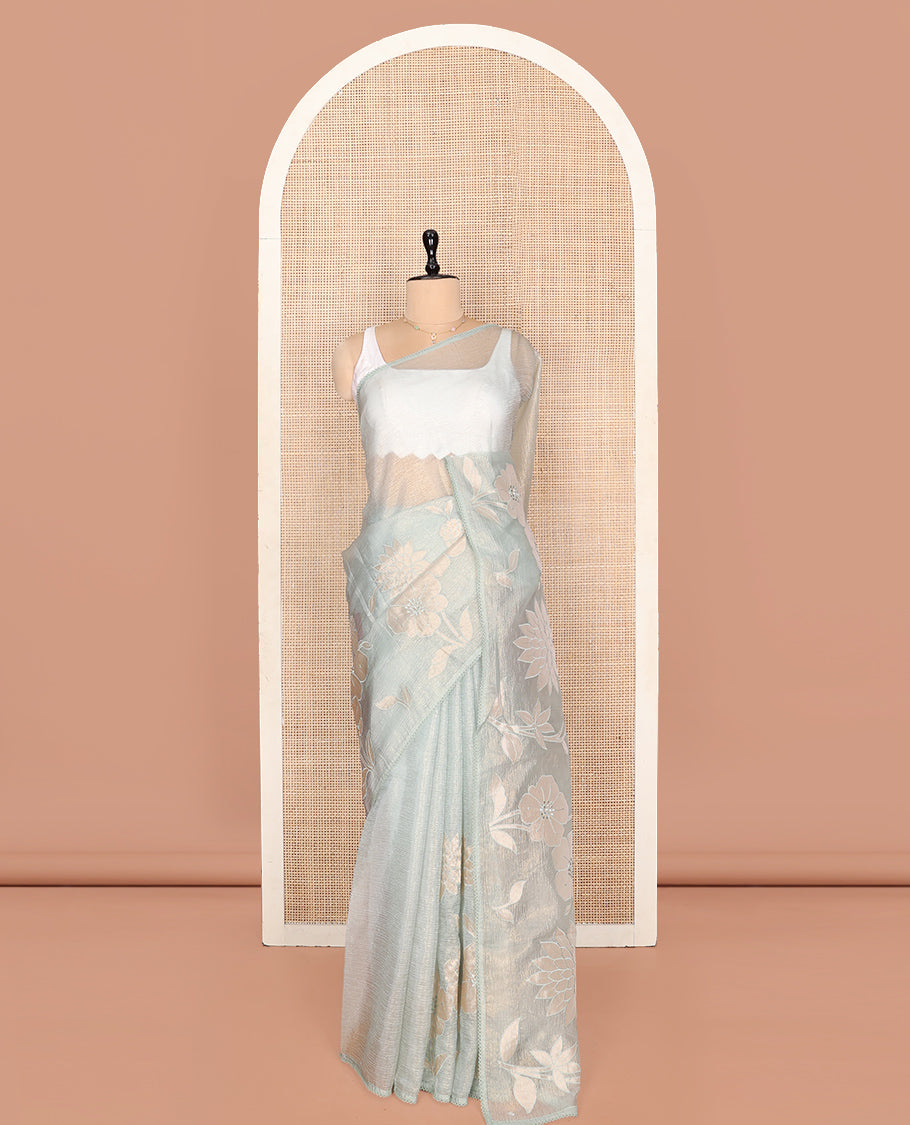 Pale Green Crushed Tissue Saree, Delicately Decked Up with Floral Motifs Embroidery, a Subtle Scallop Border, and Matching Blouse