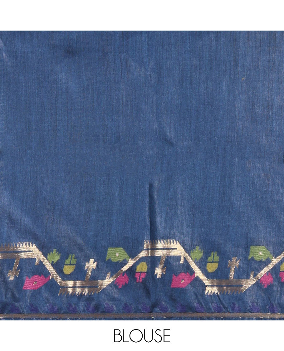Navy blue multi-color buttas tussar silk saree, jamdani floral creeper border, and pallu of zari design