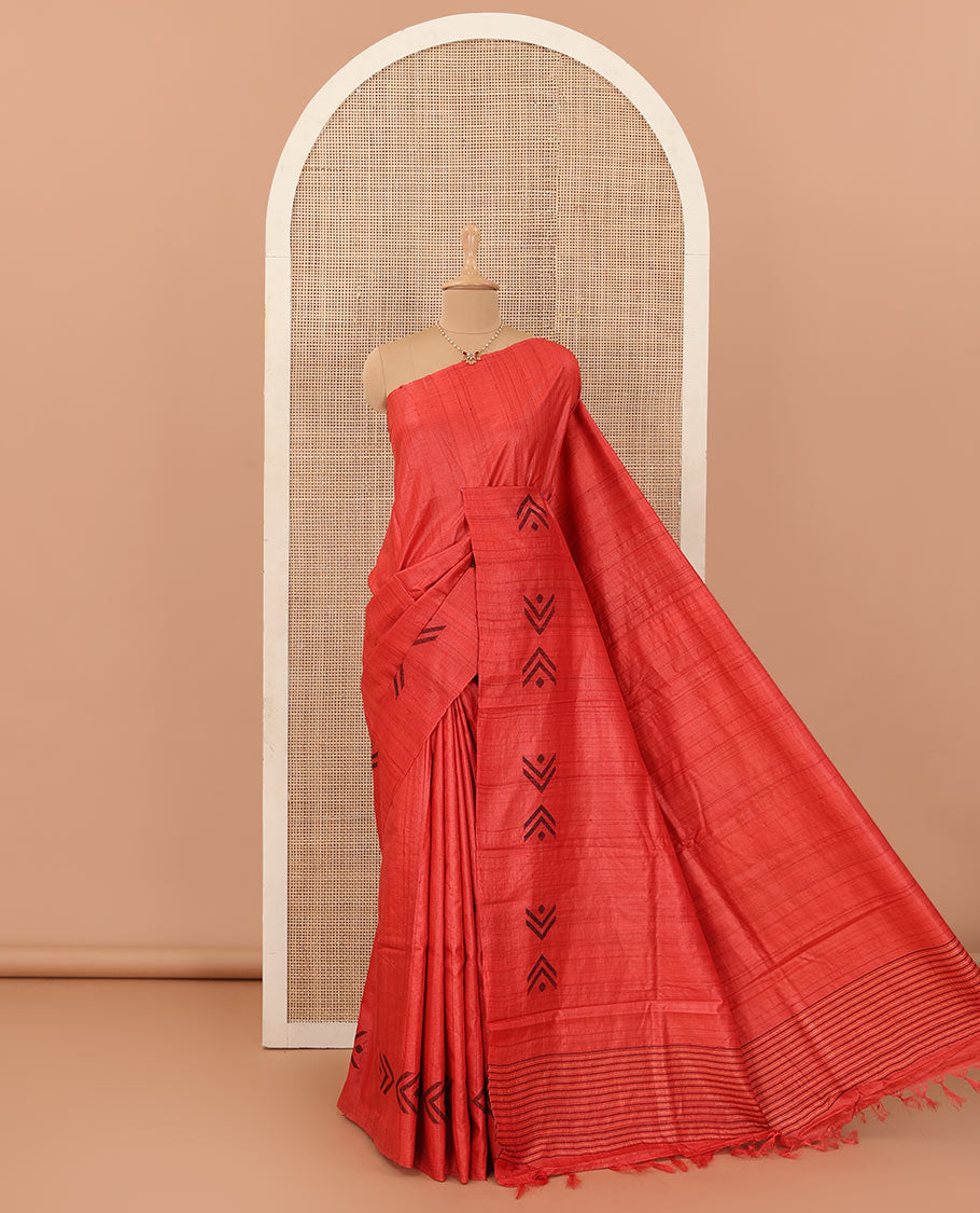Borderless red resham thread woven geometric motifs tussar silk saree with striped pallu