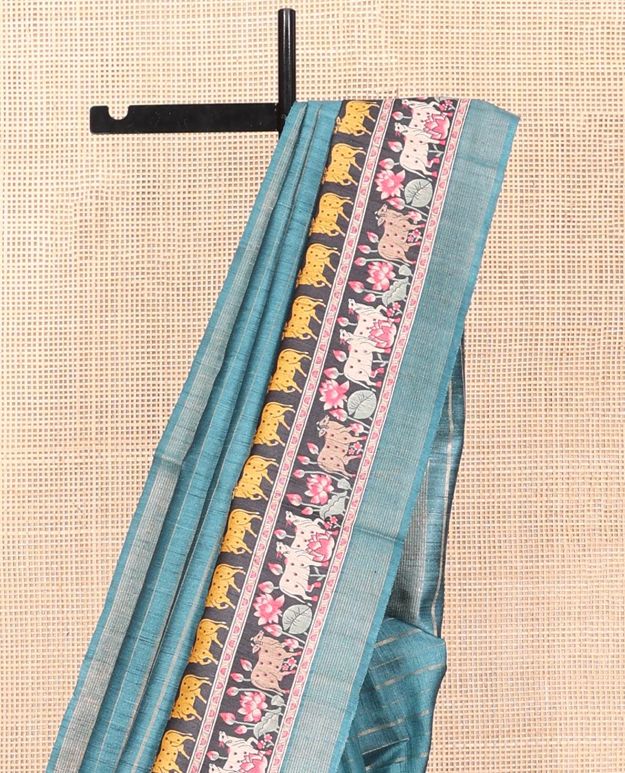 Blue Tussar Silk Saree, Sparsely Threaded with Stripes, Complemented by a Contrast Pichwai Cow-Lotus Print Border, Printed Pallu, and a Contrast Blouse