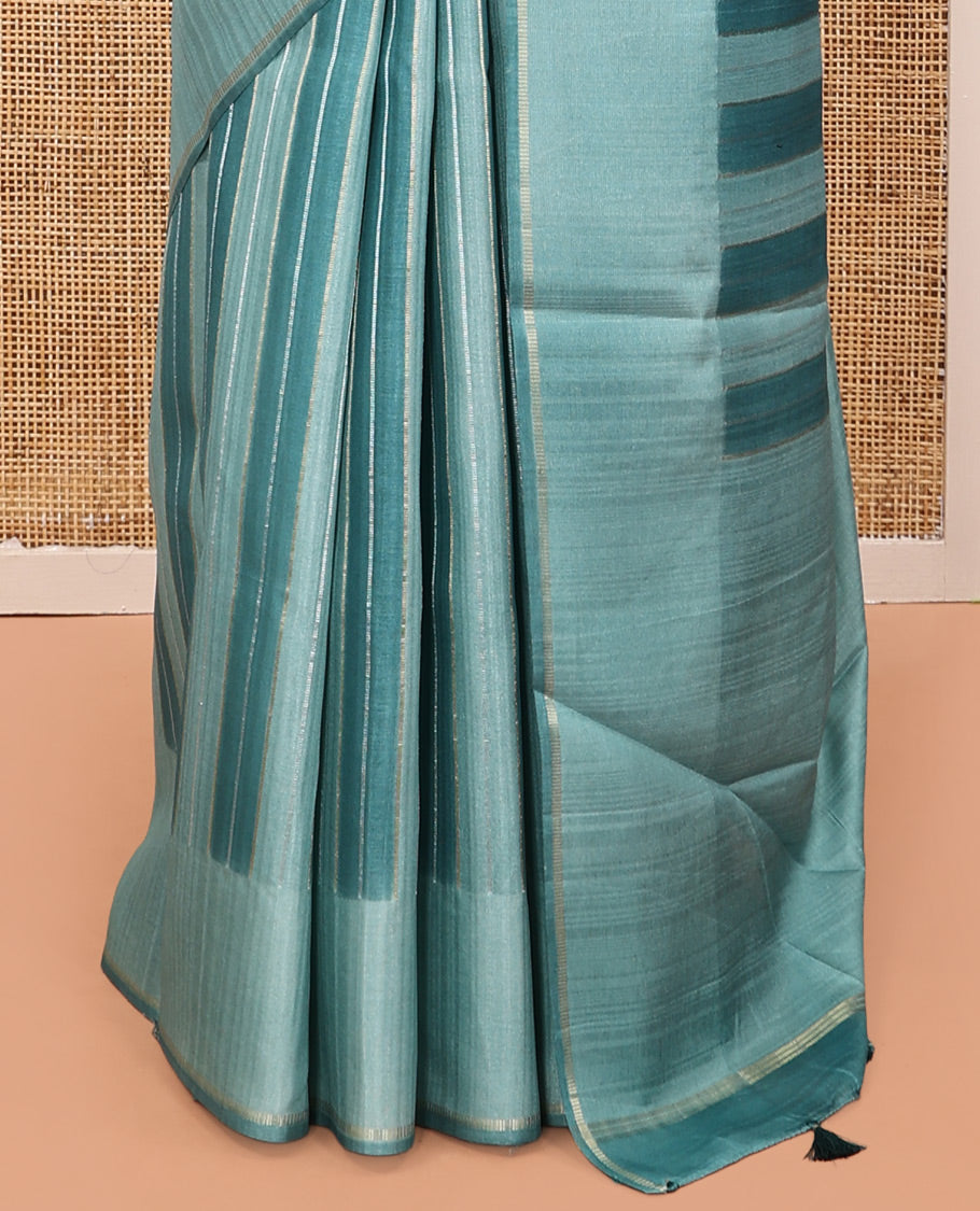 Blue Fancy Tussar Saree, Adorned with Stripes, a Subtle Plain Border, Plain Pallu, and a Matching Blouse