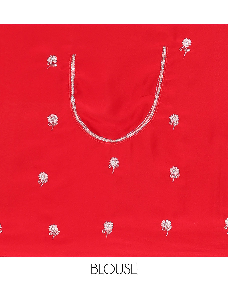 Red flower motifs embroidered designer saree, scallop embroidered border