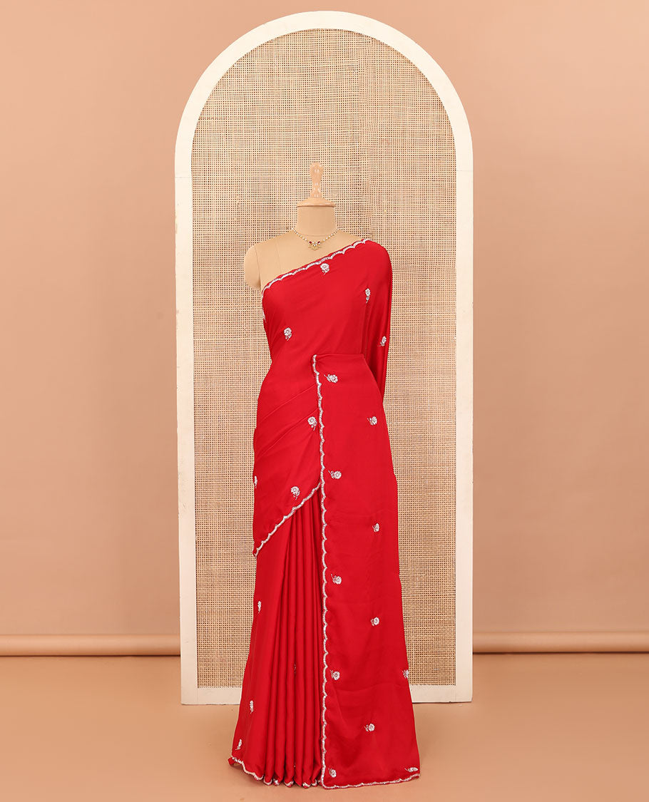 Red flower motifs embroidered designer saree, scallop embroidered border