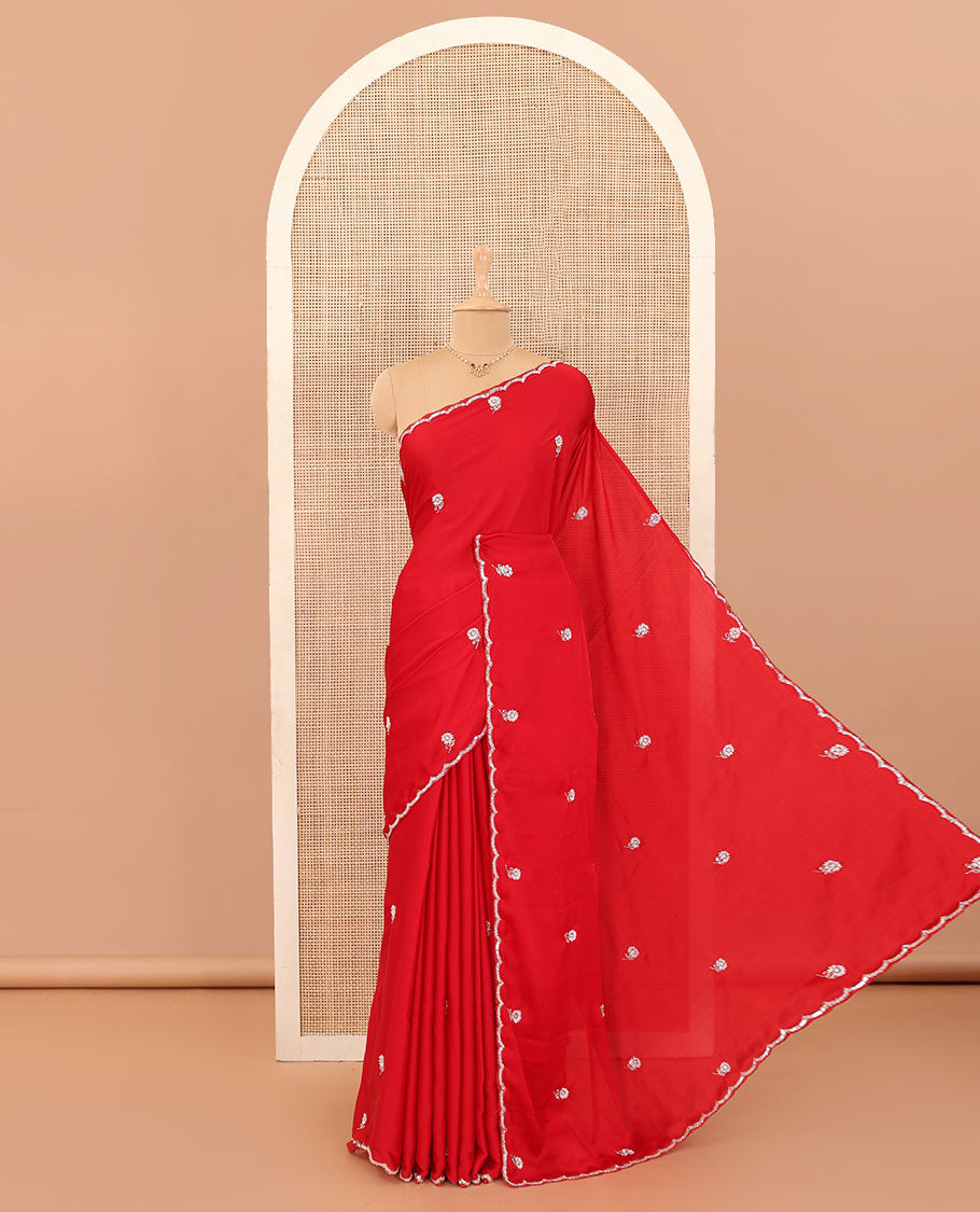 Red flower motifs embroidered designer saree, scallop embroidered border
