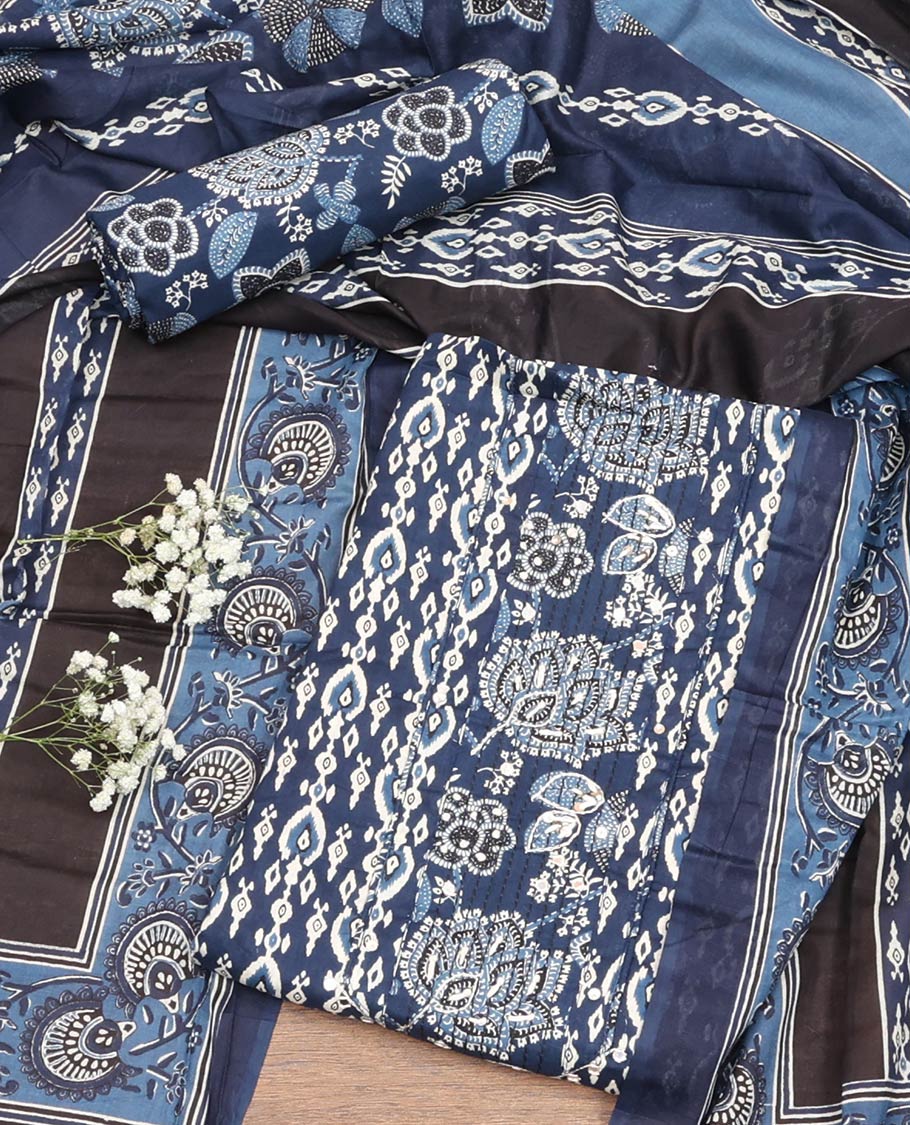 Blue Material Chudidar Set, Elevated with Intricate Designs and Thread Work Cotton Top, a Floral Printed Cotton Bottom, and Paired with an Intricately Printed Cotton Dupatta