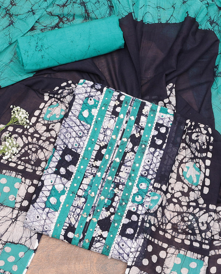 Black-Blue Cotton Material Churidar Set, Adorned with Batik-Printed Top, Contrast Batik Bottom, and a Batik-Printed Dupatta