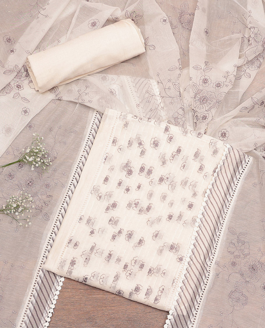 White Cotton Material Churidar Set Featuring Floral Print Top, Matching Bottom, and Floral Dupatta