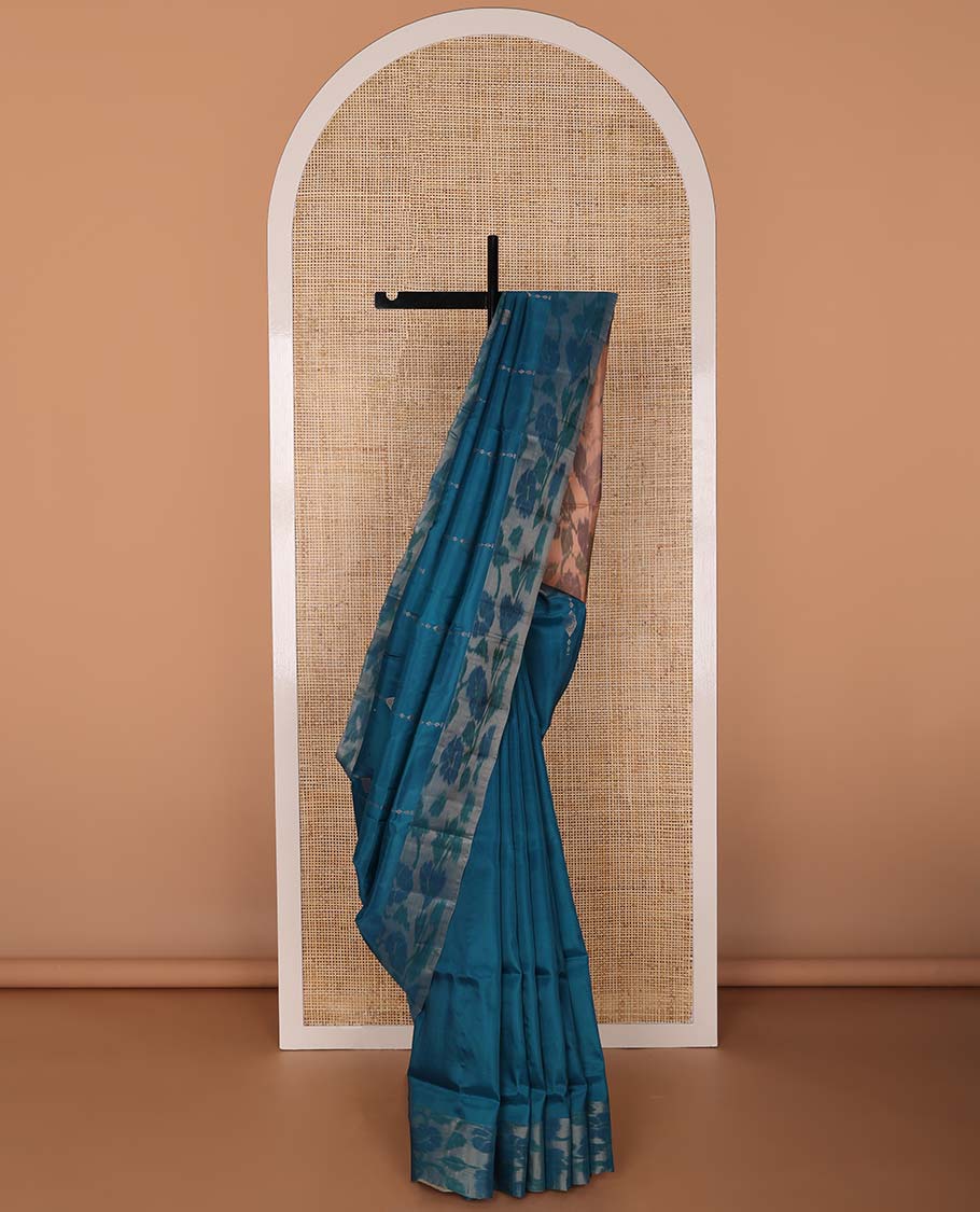Blue motifs uppada saree with contrast floral design border & floral design pallu