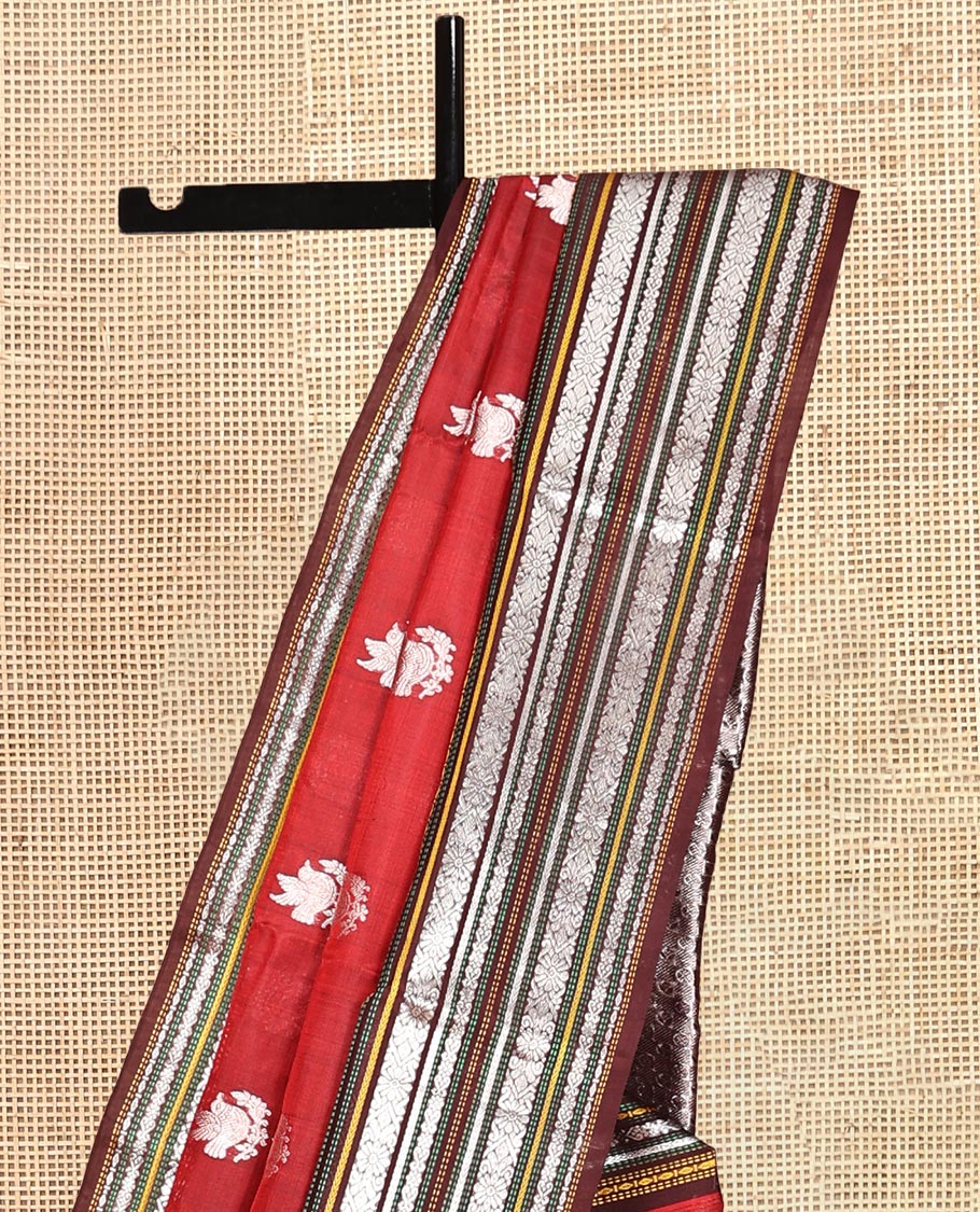 Red Zari Buttas Venkatagiri Silk Saree, a Contrast Traditional Border, Intricate Pallu, Contrast Blouse