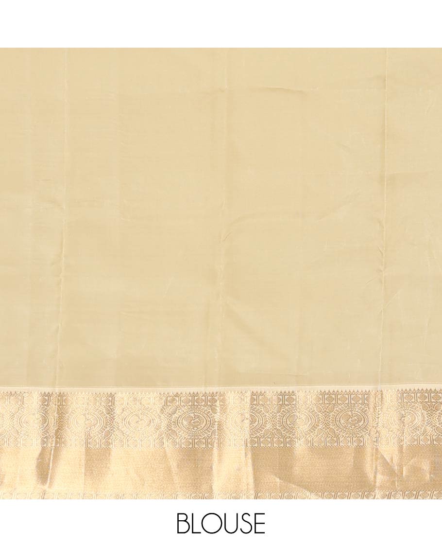 Red stripes, and buttas Vasundhara silk mix saree, contrast border of rekku, muthu, rudraksham, and round mayil designs, and jaal pallu