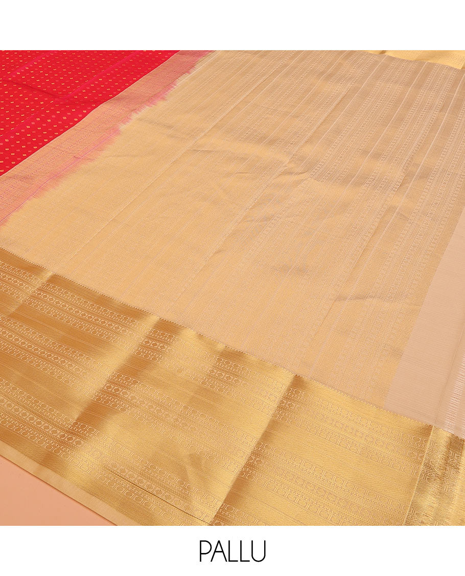 Red Vasundhara Lite Silk Mix Saree Accentuated with Zari Buttas, Featuring a Zari Border with Rekku, Paisa, Cross Kamalam, and Kathir Designs, a Delicately Zari-Woven Pallu, Paired with a Contrast Blouse