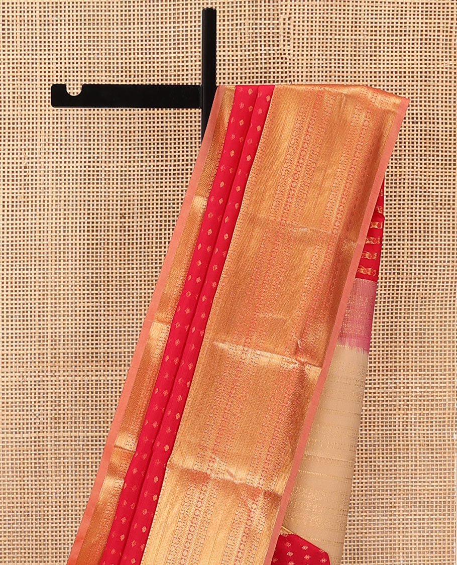 Red Vasundhara Lite Silk Mix Saree Accentuated with Zari Buttas, Featuring a Zari Border with Rekku, Paisa, Cross Kamalam, and Kathir Designs, a Delicately Zari-Woven Pallu, Paired with a Contrast Blouse