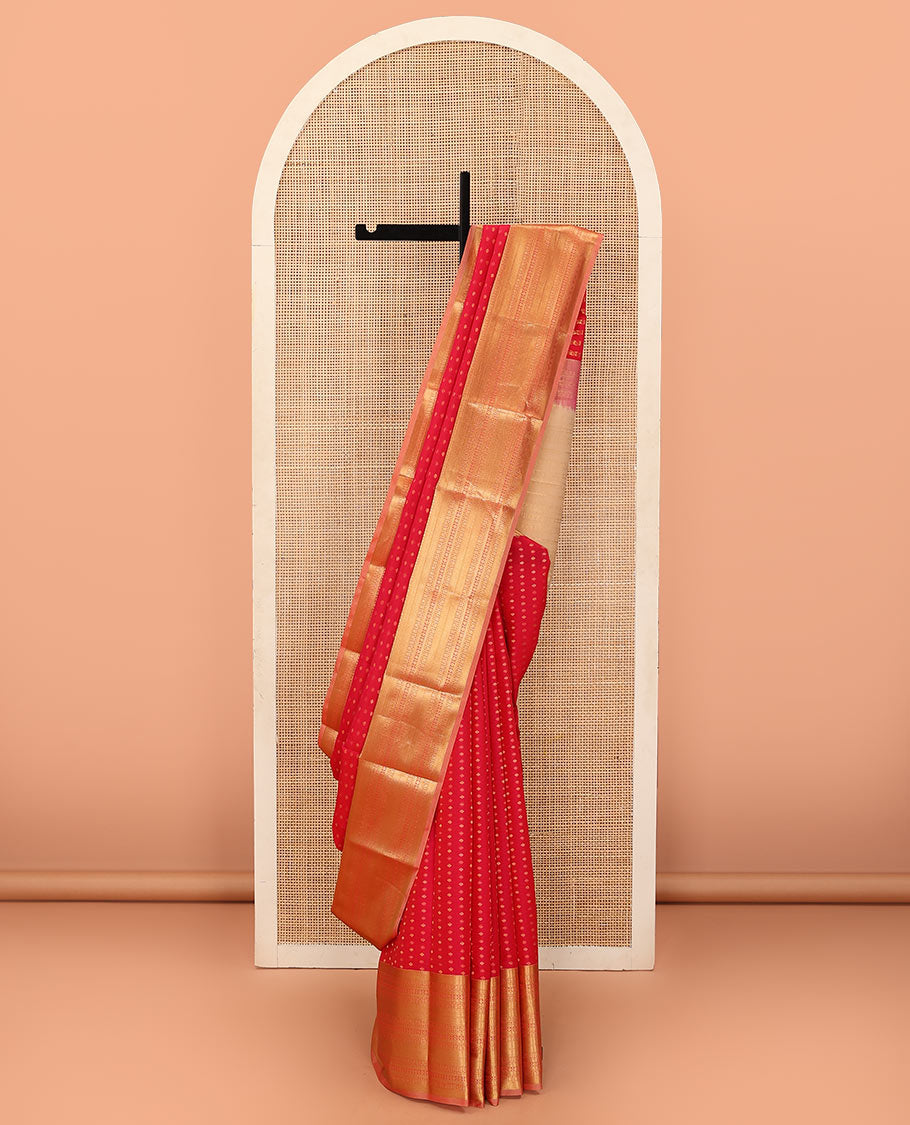 Red Vasundhara Lite Silk Mix Saree Accentuated with Zari Buttas, Featuring a Zari Border with Rekku, Paisa, Cross Kamalam, and Kathir Designs, a Delicately Zari-Woven Pallu, Paired with a Contrast Blouse