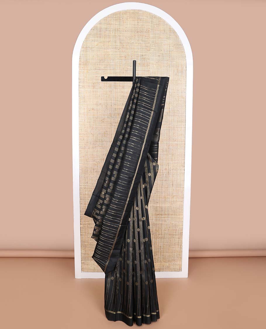 Black geometric design silk saree with self striped border & bhavanji pallu
