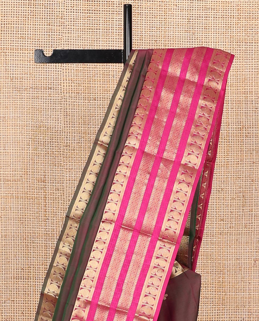 Maroon zari buttas silk saree, contrast ganga jamuna border of muthu,manga,paisa & diamond designs & jaal pallu