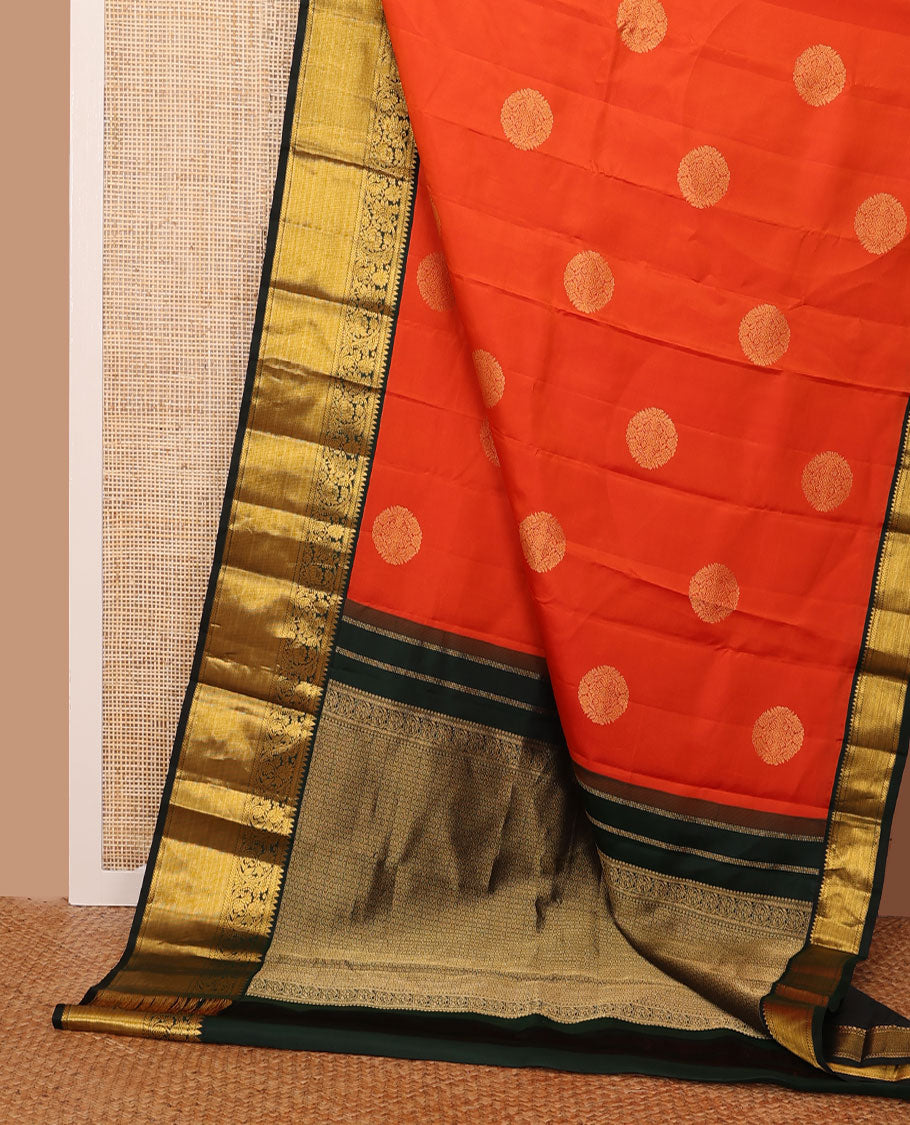 Orange zari buttas silk saree, contrast intricate pallu & getti border of rekku,kathir & kodi visiry designs