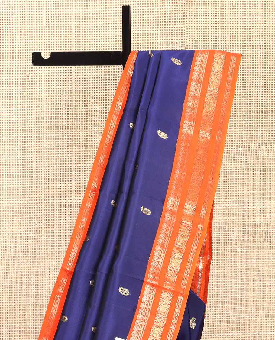 Blue Vasundhara Silk Saree, Enriched with Manga Buttas All Over Its Body, Complemented by Contrast Border of Mayil, and Yaanai Designs, Grand Pallu and Paired with a Contrast Blouse