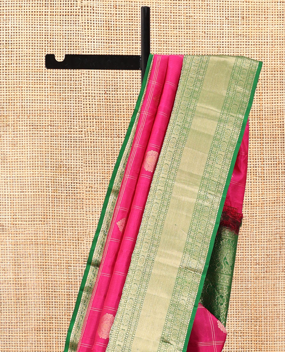 Pink Vasundhara Silk Saree, Embellished with Zari Butta Enclosed Checks, Contrast Border of Rekku, Diamond, Yaanai, and Chakram Designs, Floral Jaal Pallu, and a Contrast Blouse