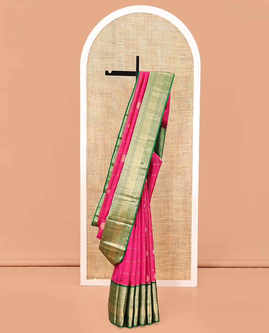 Pink Vasundhara Silk Saree, Embellished with Zari Butta Enclosed Checks, Contrast Border of Rekku, Diamond, Yaanai, and Chakram Designs, Floral Jaal Pallu, and a Contrast Blouse