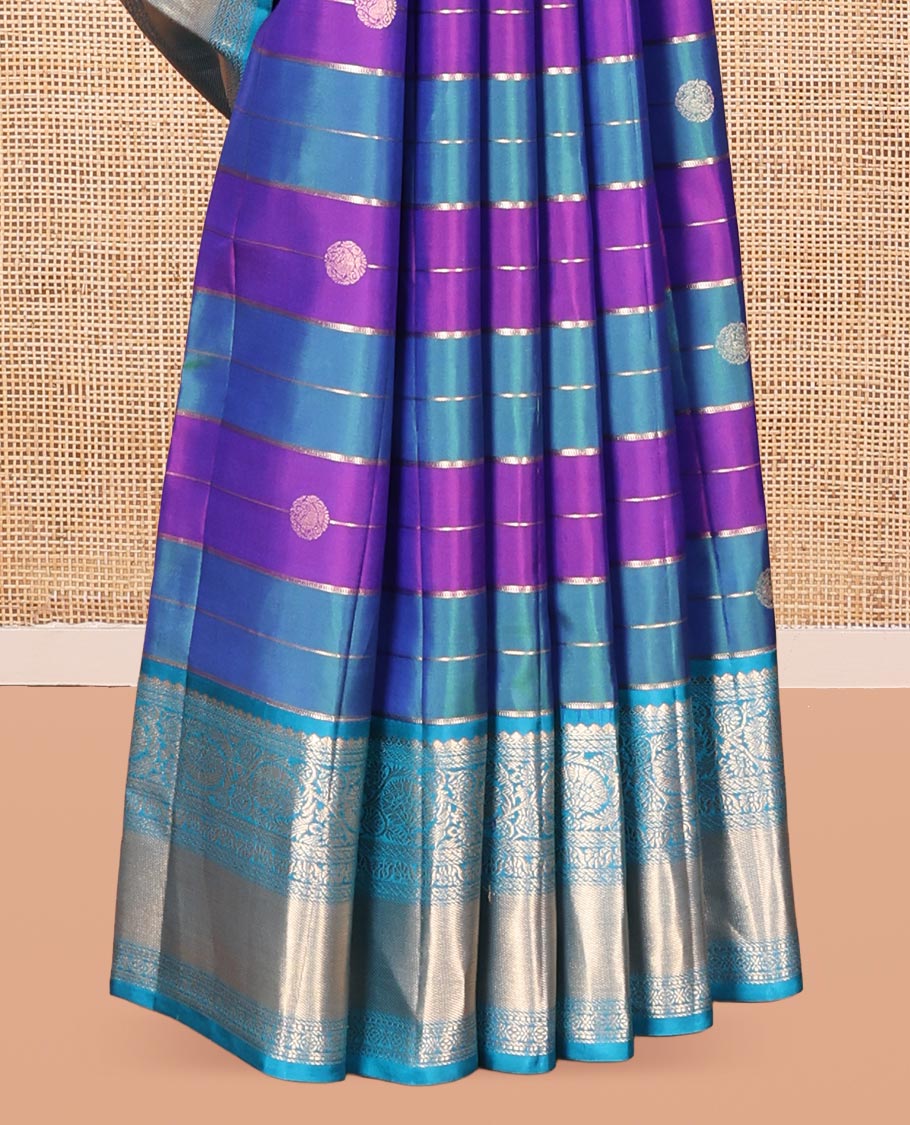 Blue-Purple Vasundhara Silk Saree, Adorned with Buttas and Stripes, Contrast Kodi Visiry Border, Rich Pallu, and Contrast Blouse